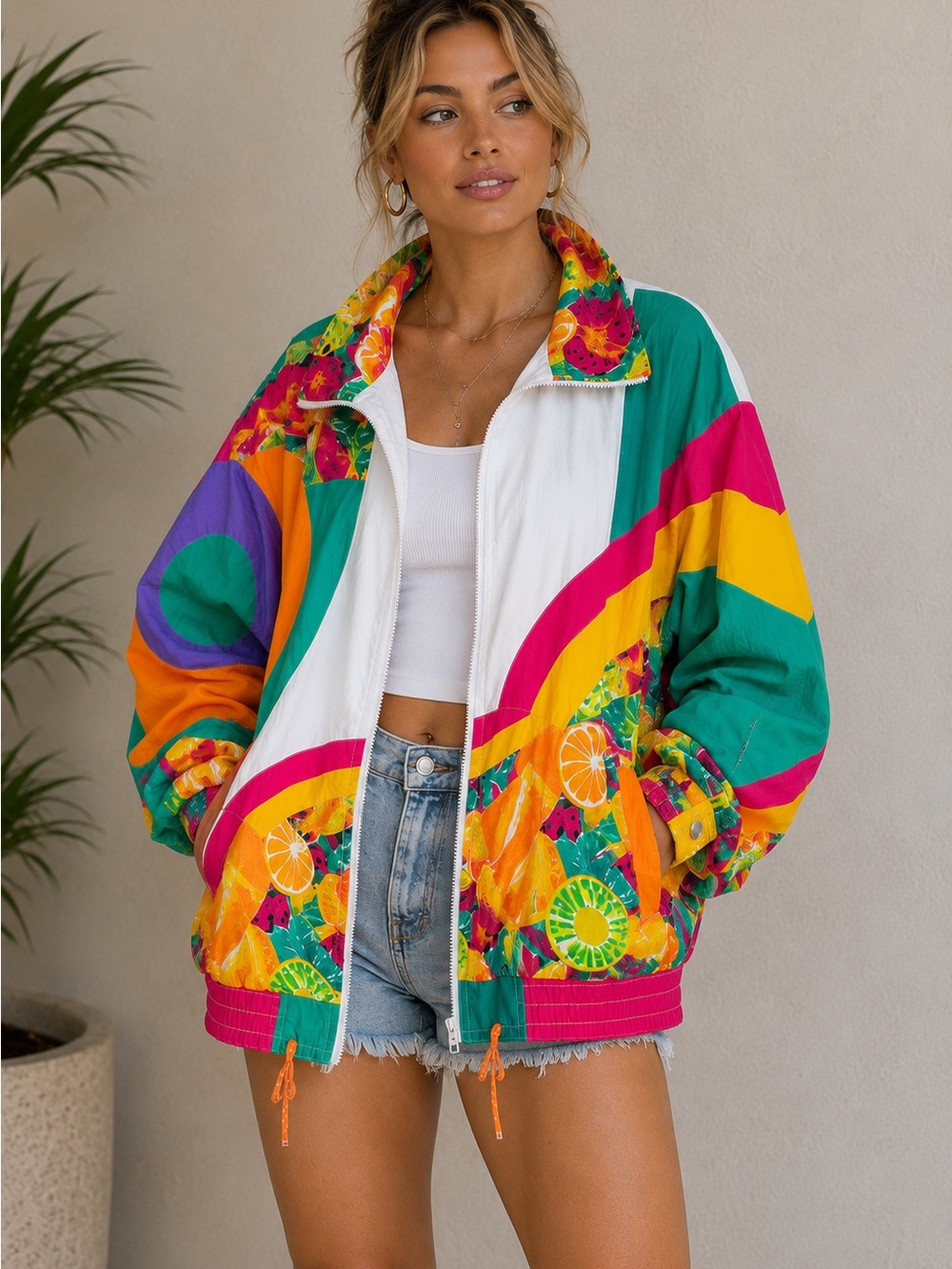 Vintage 90s Colorblock Fruit Print Windbreaker Jacket | Westbound? Unbranded